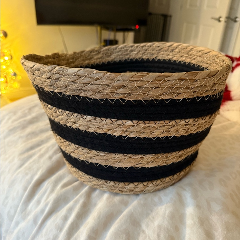Striped Black and Tan Woven Basket